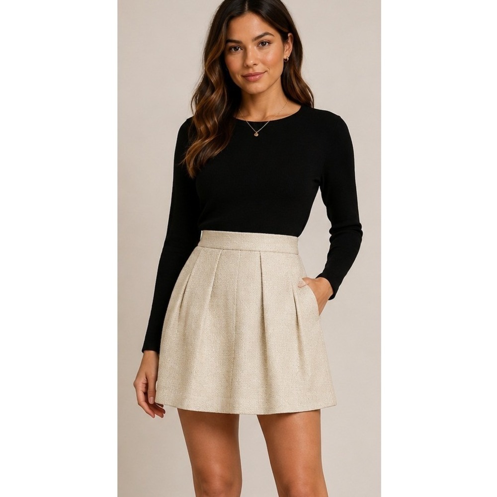 Rachel Zoe Metallic Gold Ivory Tweed Pleated Mini Skirt Size 4 R11514